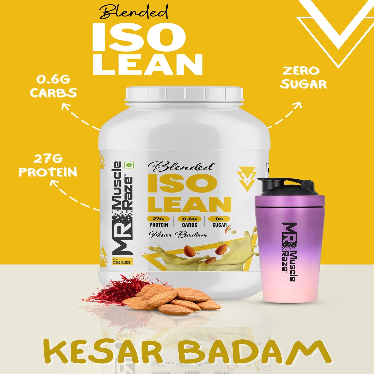 Muscle Raze Blended ISO Lean 2.2kg (5LBS) 27g Protein+.06g Carbs+ Sugar free + Free Protein Shaker