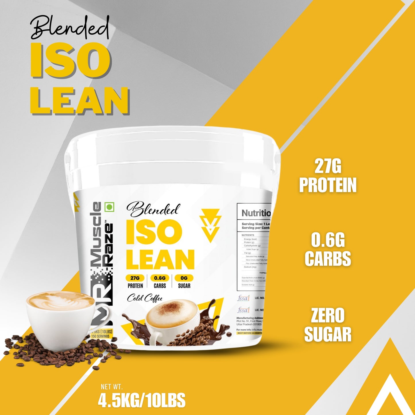 Muscle Raze Blended ISO Lean 4.5Kg (10LBS) 27g Protein+.06g Carbs+ Sugar free + Free Shaker