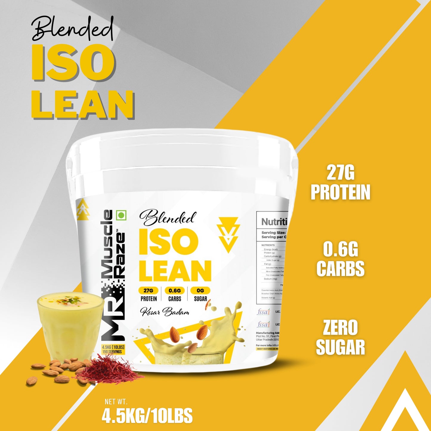 Muscle Raze Blended ISO Lean 4.5Kg (10LBS) 27g Protein+.06g Carbs+ Sugar free + Free Shaker