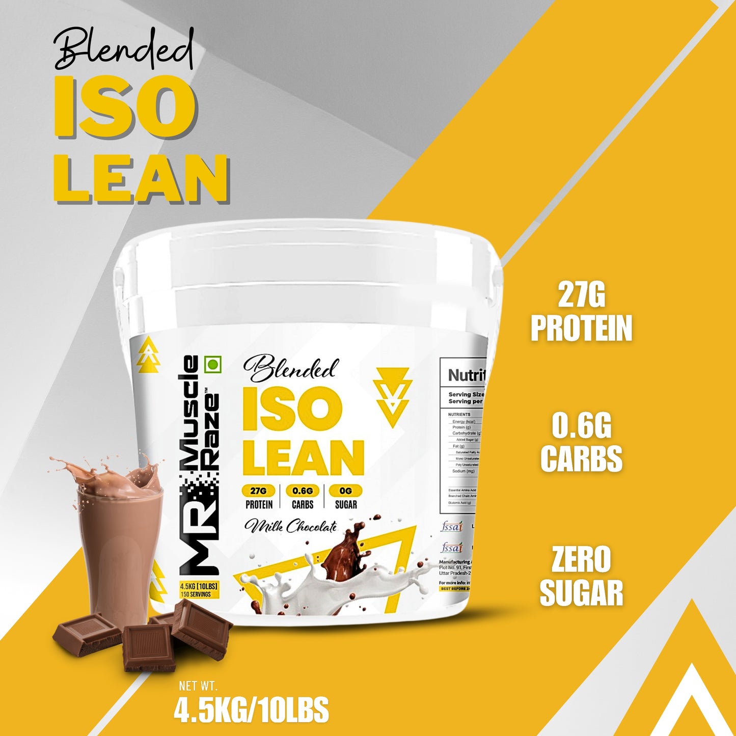 Muscle Raze Blended ISO Lean 4.5Kg (10LBS) 27g Protein+.06g Carbs+ Sugar free + Free Shaker