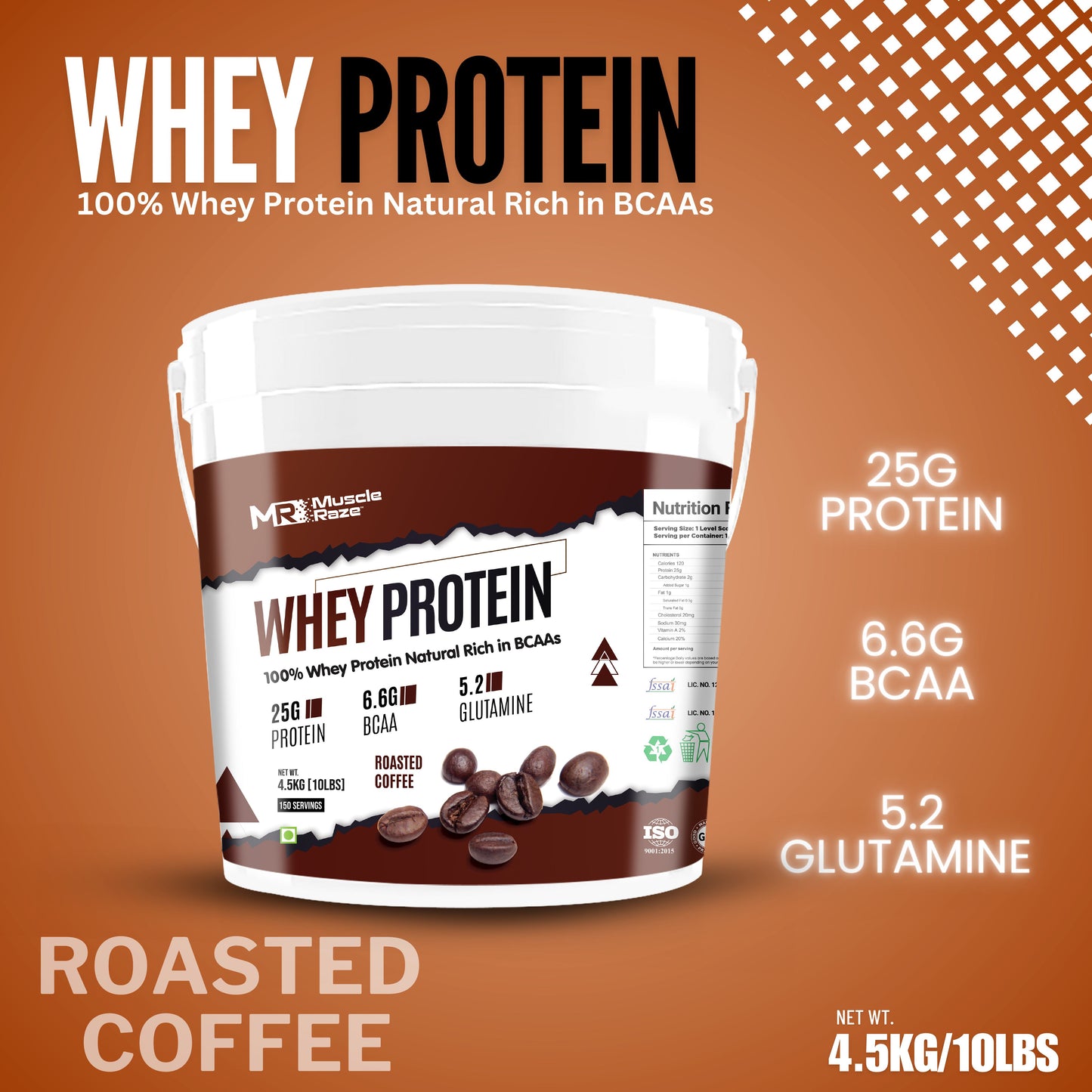 Muscle Raze Whey Protein 4.5kg 10Lbs+25Gm Protein+6.6Gm BCAA+5.2 Glutamine 150 Serving